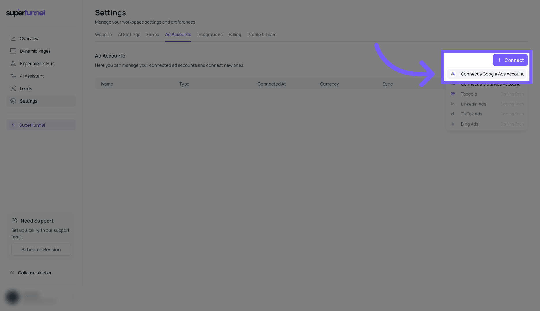 Initiate Google Ads Connection