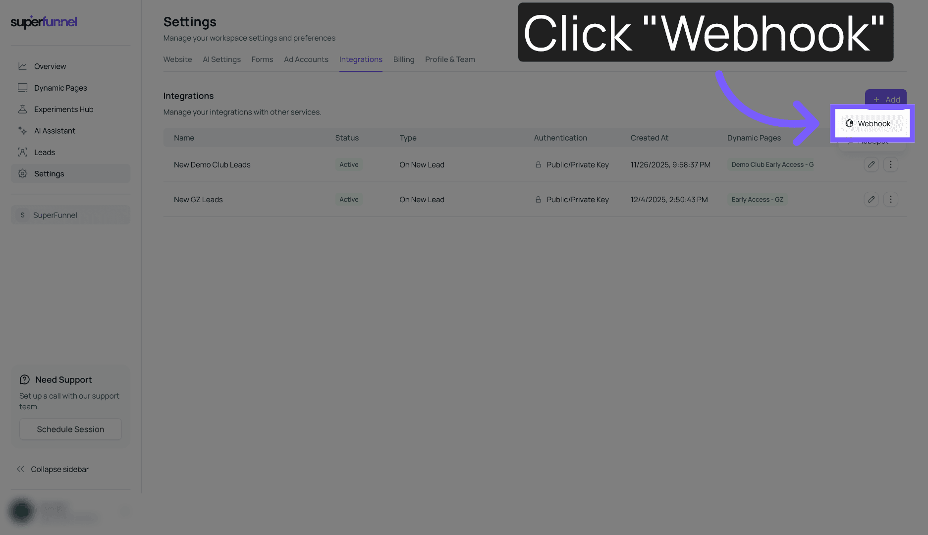 Select Webhook Option