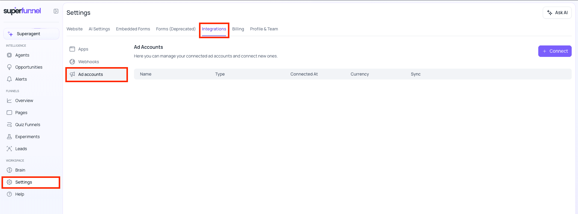 Open Ad Accounts and connect a Meta Ads account