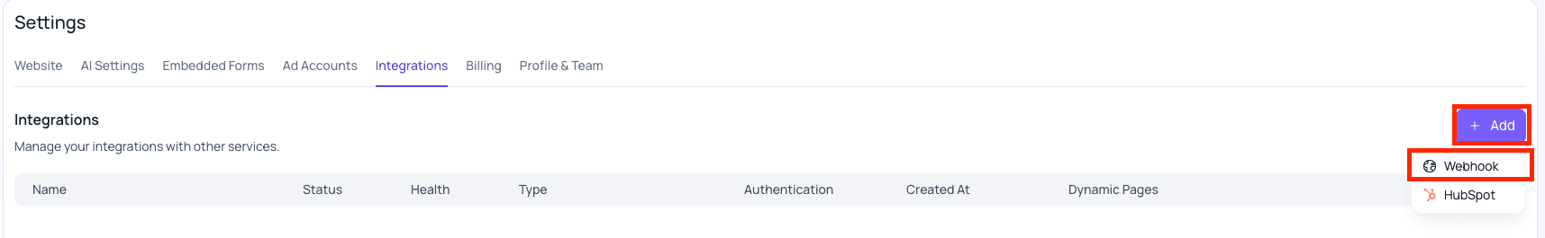 Select Webhook Option