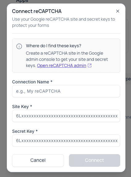 Enter reCAPTCHA site and secret keys