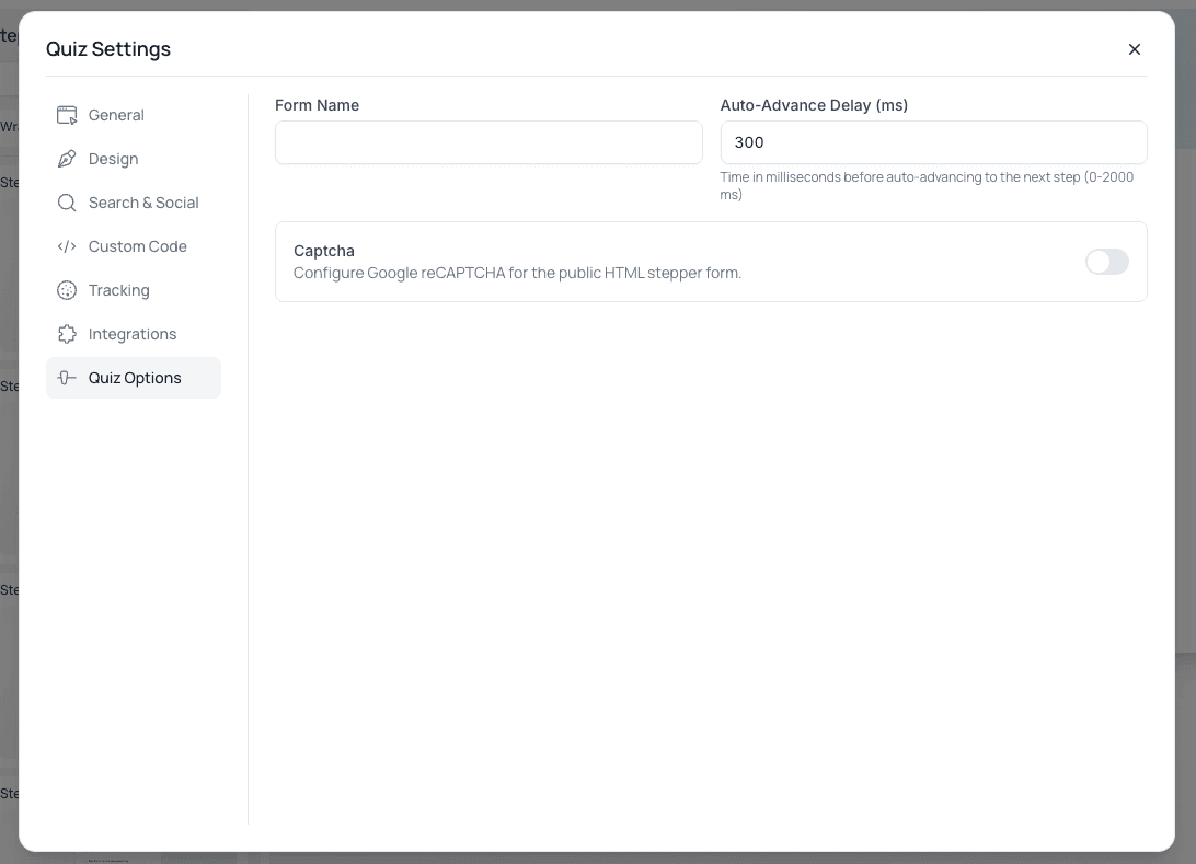 Captcha toggle in Quiz Options