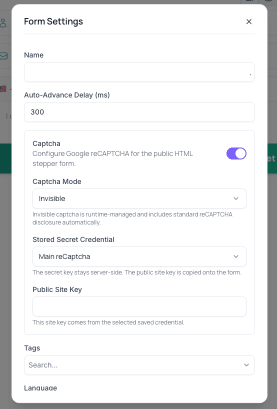 Captcha toggle in Form Settings