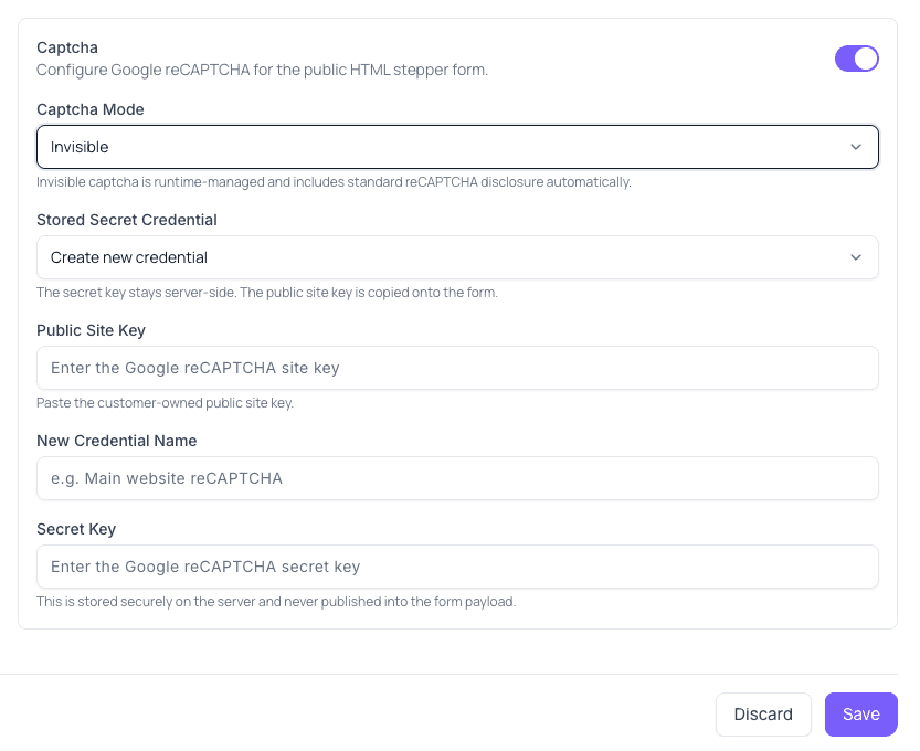 Configure captcha mode and credential