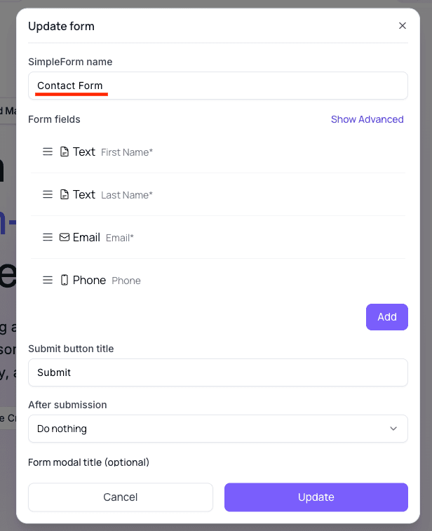 Simple form editor showing "Contact Form"