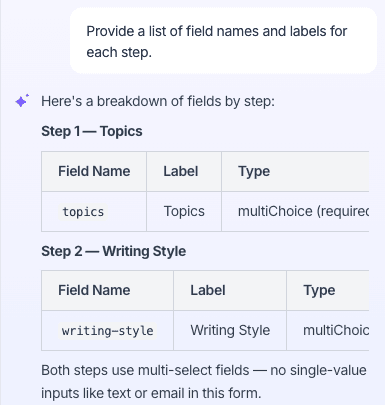 Agent returning a list of fields