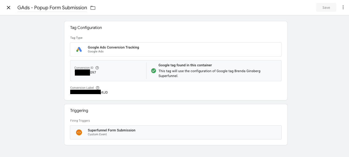Configuration of a Google Ads conversion tag in GTM
