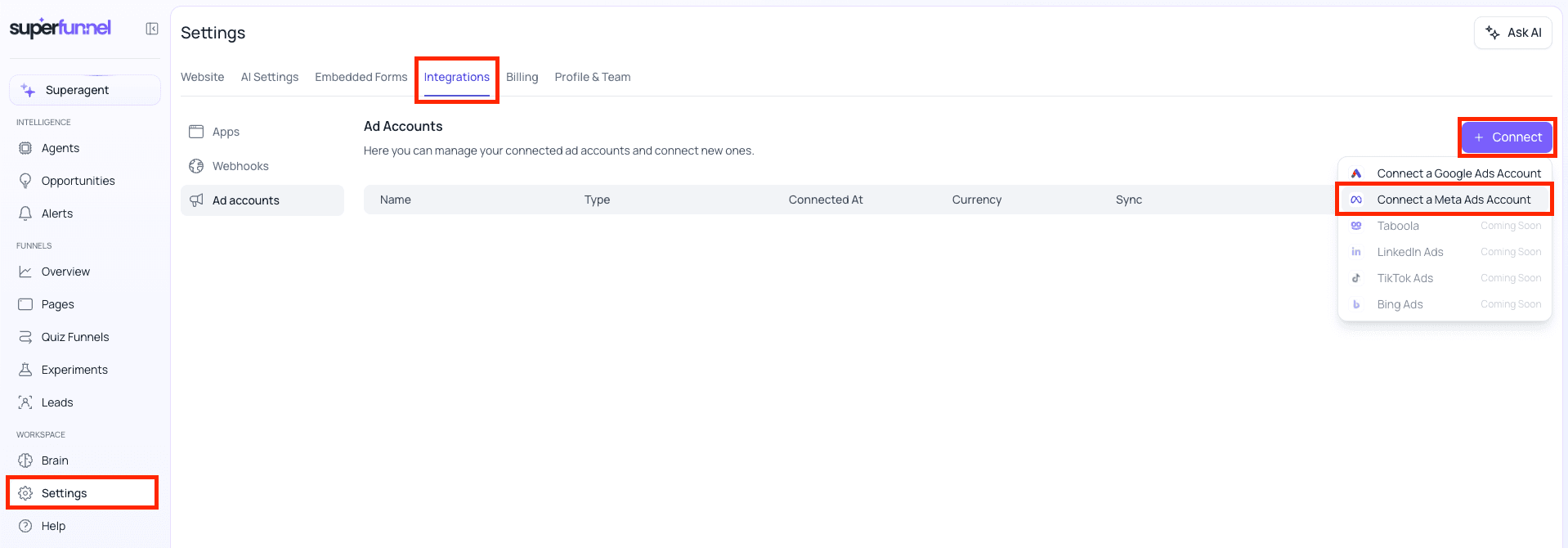 Open Ad Accounts and connect a Meta Ads account