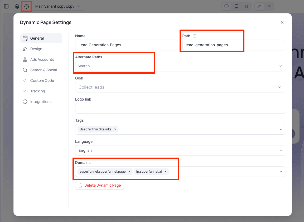 Dynamic Page Settings showing the Path, Alternate Paths, and Domains fields on the General tab