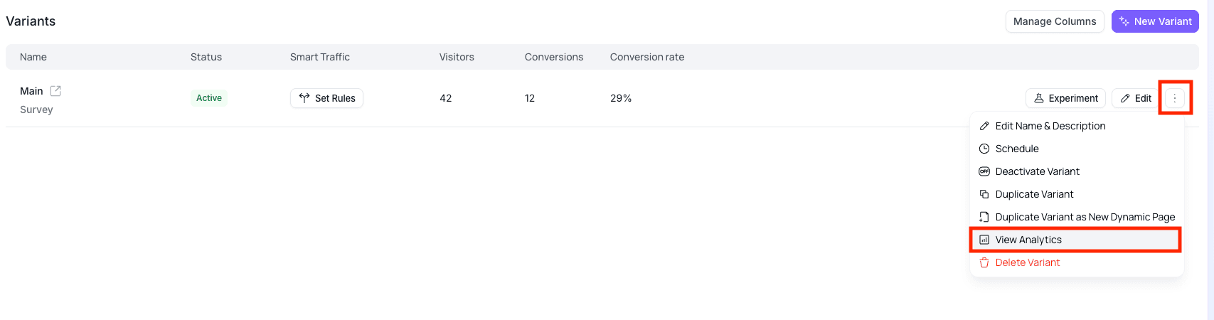 Variants table with ellipses menu open